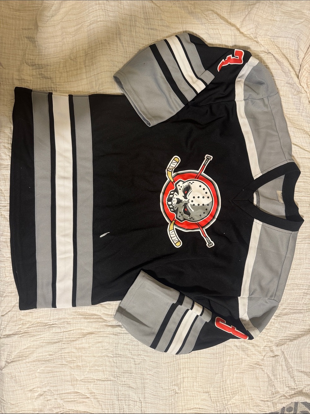 Spirit Black and Gray Hockey-Style Costume Jersey with Red Skull Mask Logo